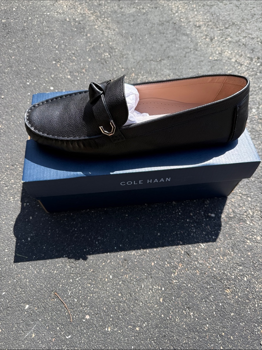 Cole Haan Black Leather Penny Loafer with Metal Accent